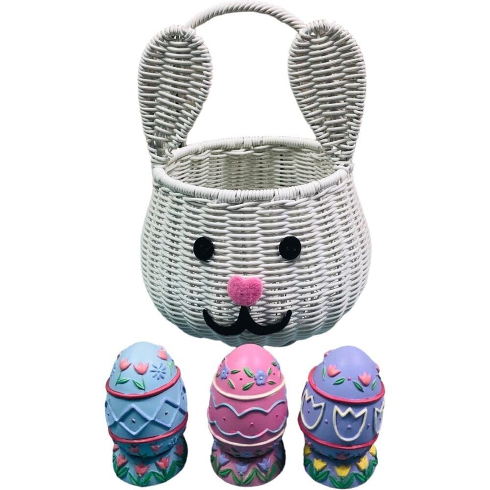 Easter White Wicker Basket with Porcelain Eggs Lot of 4